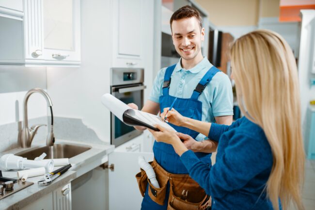 Male plumber and female customer in the kitchen